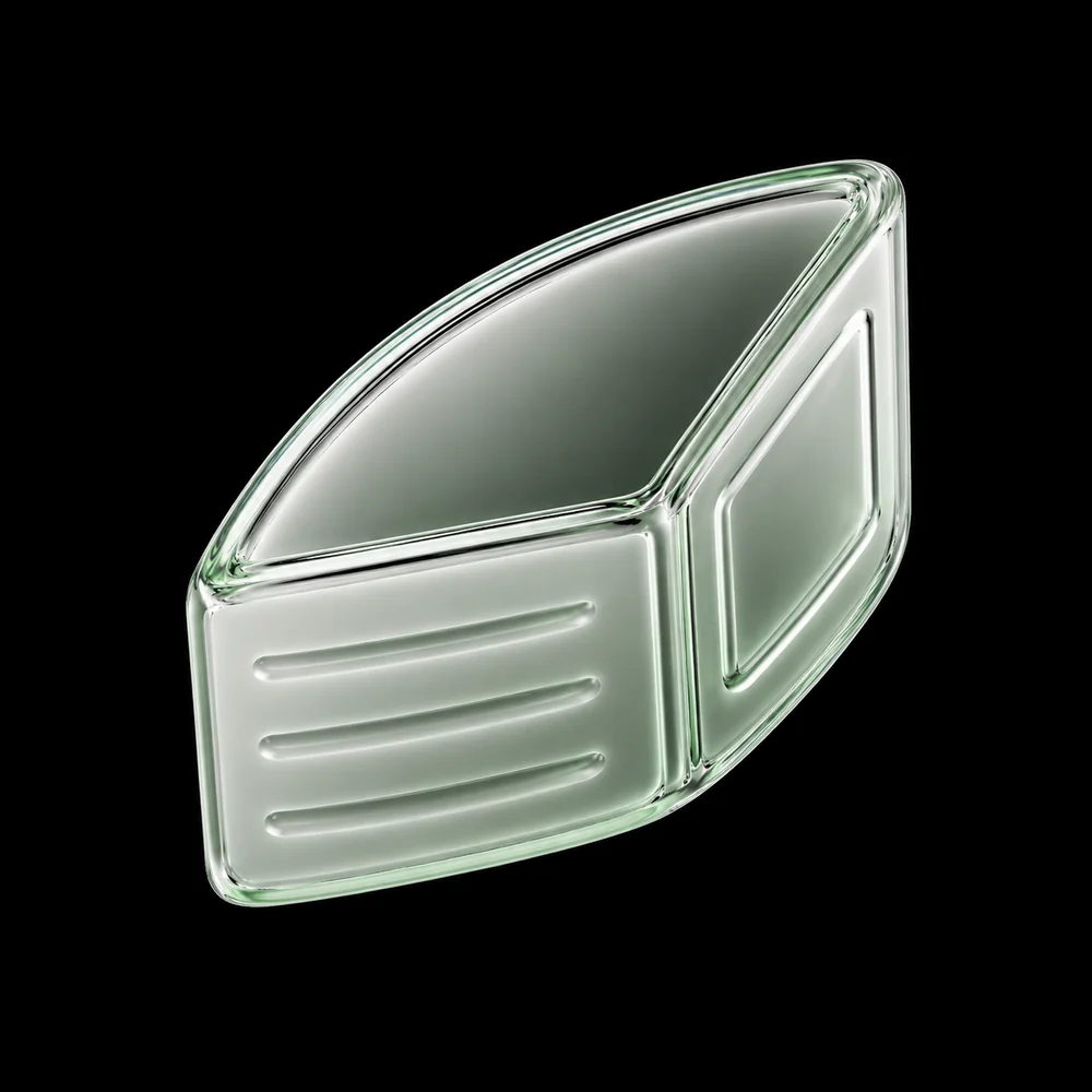 A bifold wallet made entirely of pale green glass