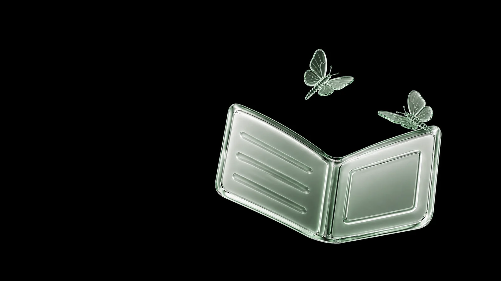 The glass wallet held open upside down with two glass moths leaving it